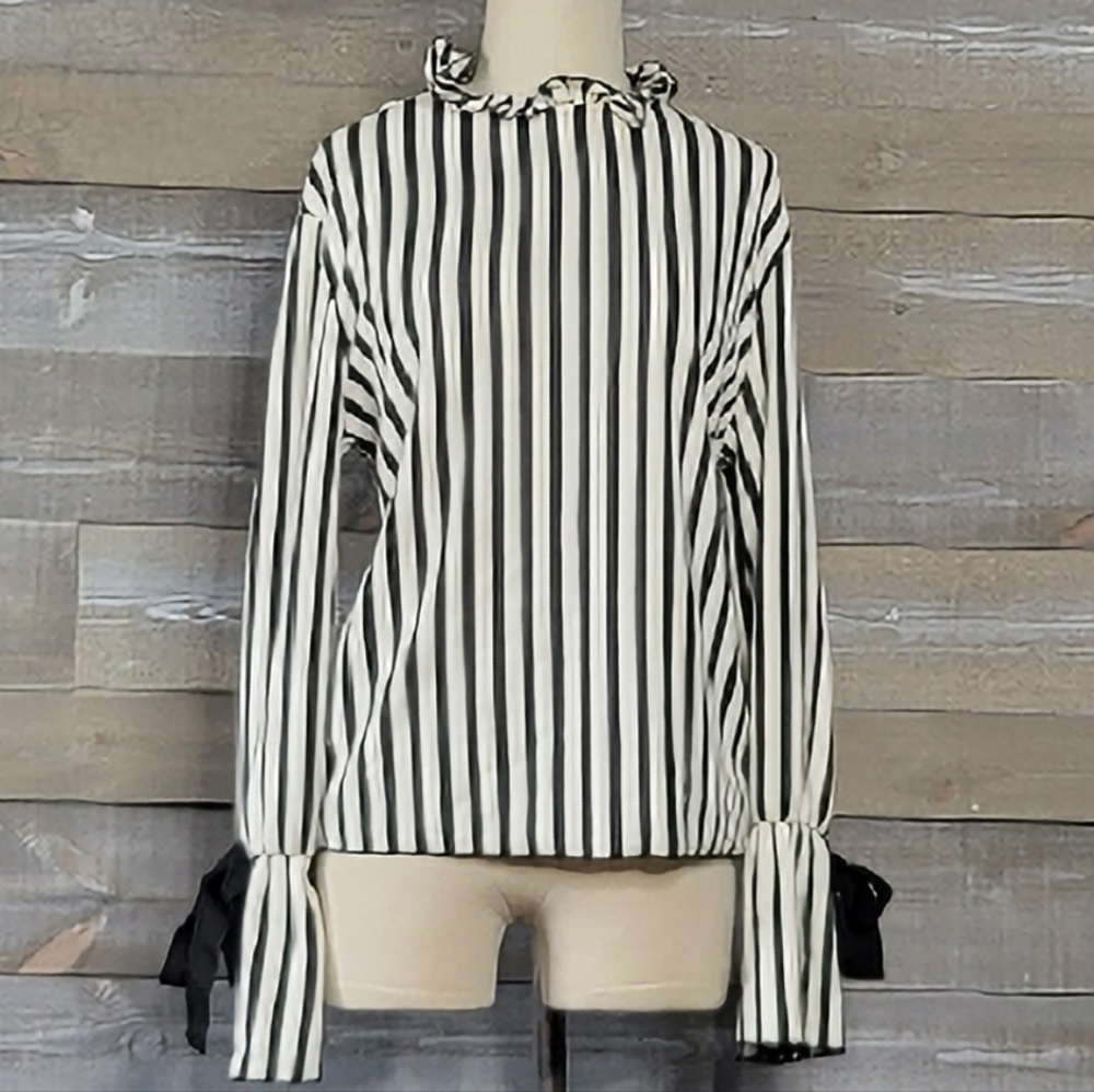 Zara Black and White Striped Open Lace Down Back Top